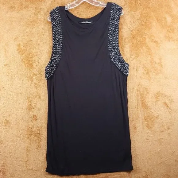 ALLSAINTS Shift Dress Womens Size 10 Black Beaded Trim Sleeveless Mini GIRI - Picture 2 of 10